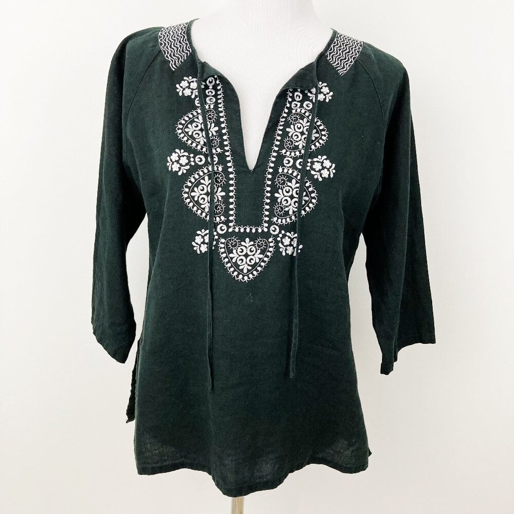 Edward Irish Linen Black Embroidered Blouse Size M 3/4 Sleeve Peasant Boho